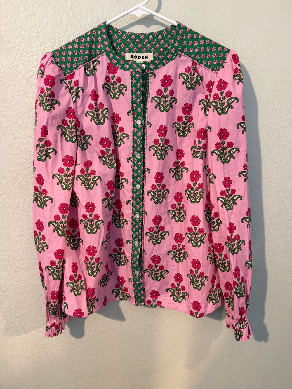 Boden Green and Pink Floral Button Blouse
